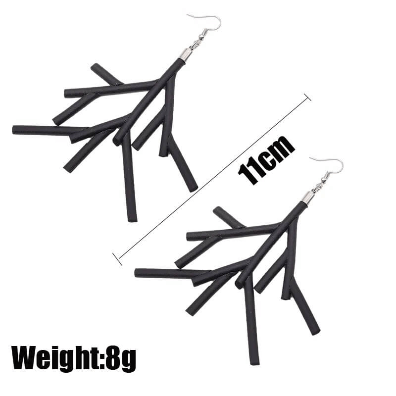 Handmade black rubber earrings, gothic style, 11cm long, lightweight fashion accessory for women's outfits.