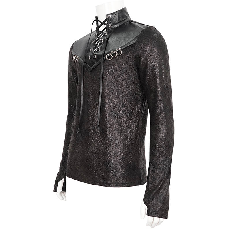 Gothic men's black sweatshirt with stand collar, lace-up front and metal rings, stylish and edgy design for a bold look.