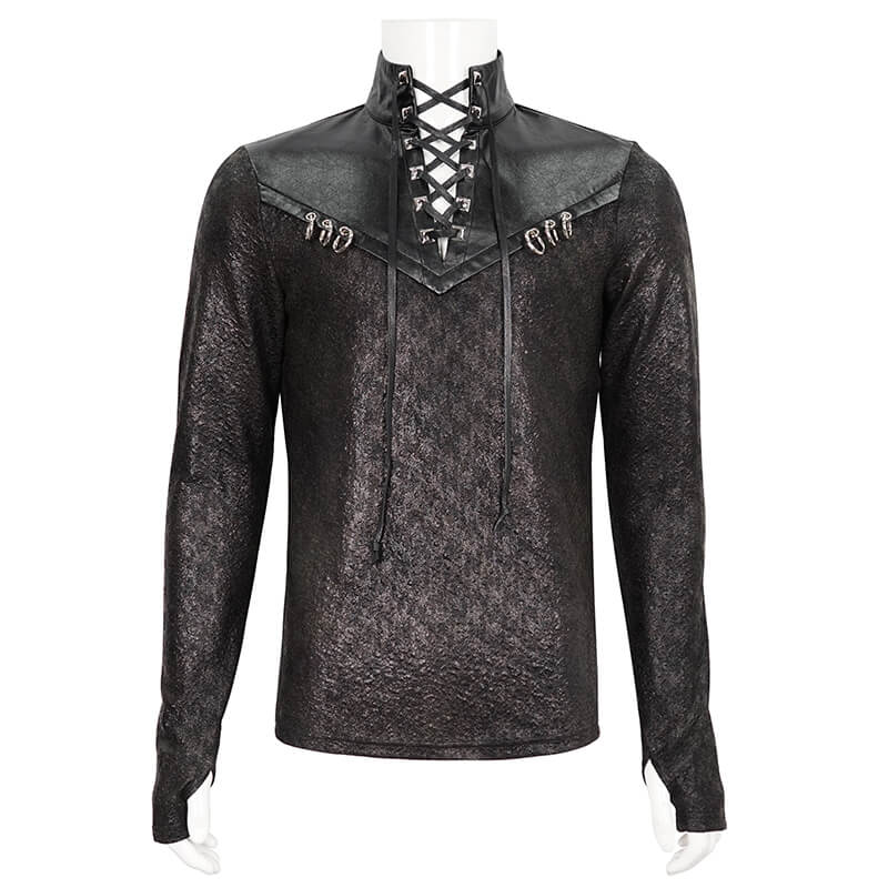 Gothic men's black stand collar sweatshirt with lace-up and metal rings for a bold, edgy style.