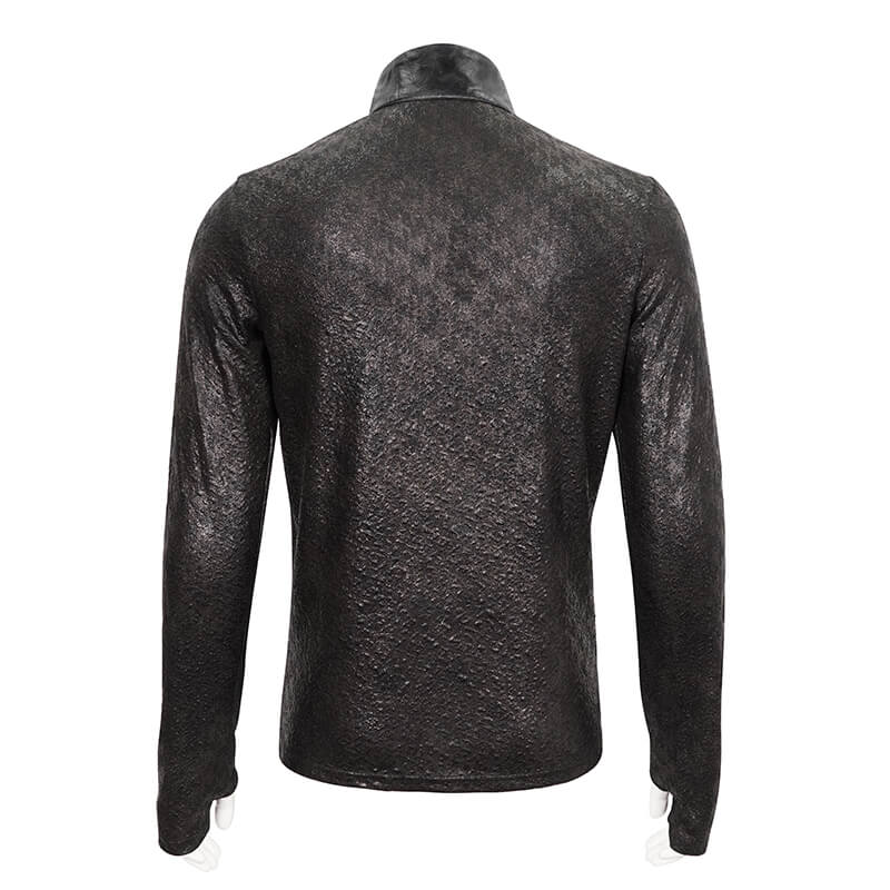Back view of a men's black stand collar sweatshirt with a textured finish and stylish design.
