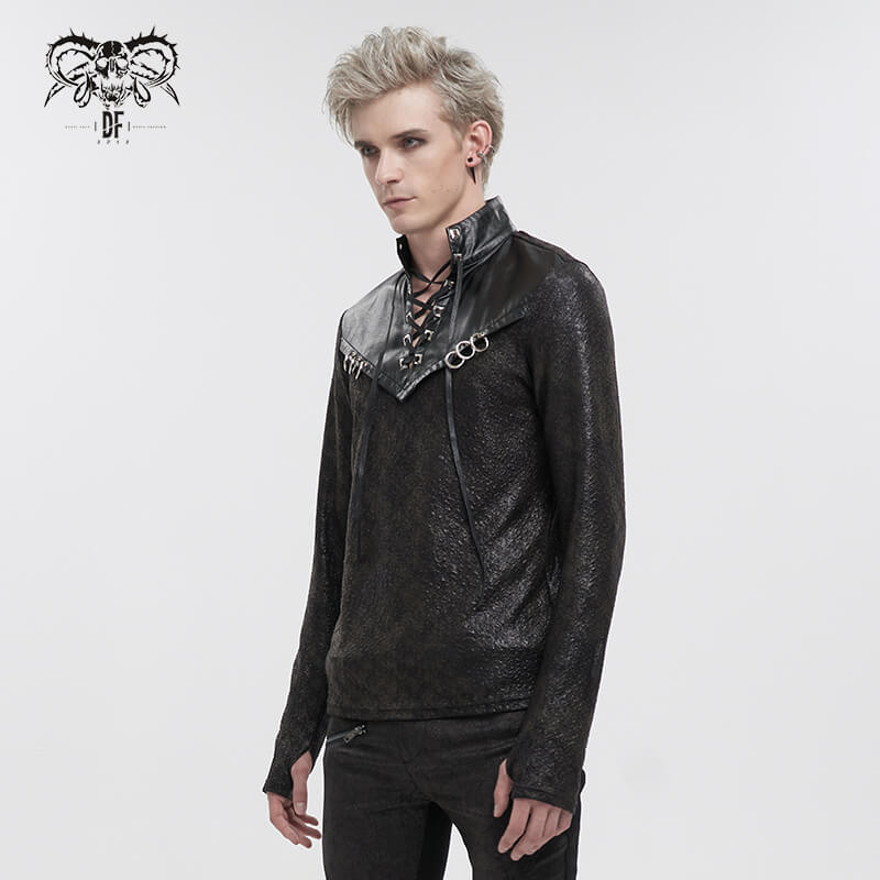 Gothic men's black stand collar sweatshirt with lace-up and metal rings design for a bold, edgy look.