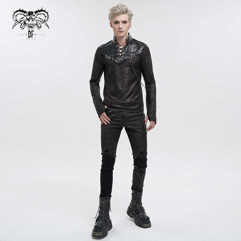 Gothic men's black stand collar sweatshirt with lace-up design and metal rings, perfect for an edgy wardrobe.