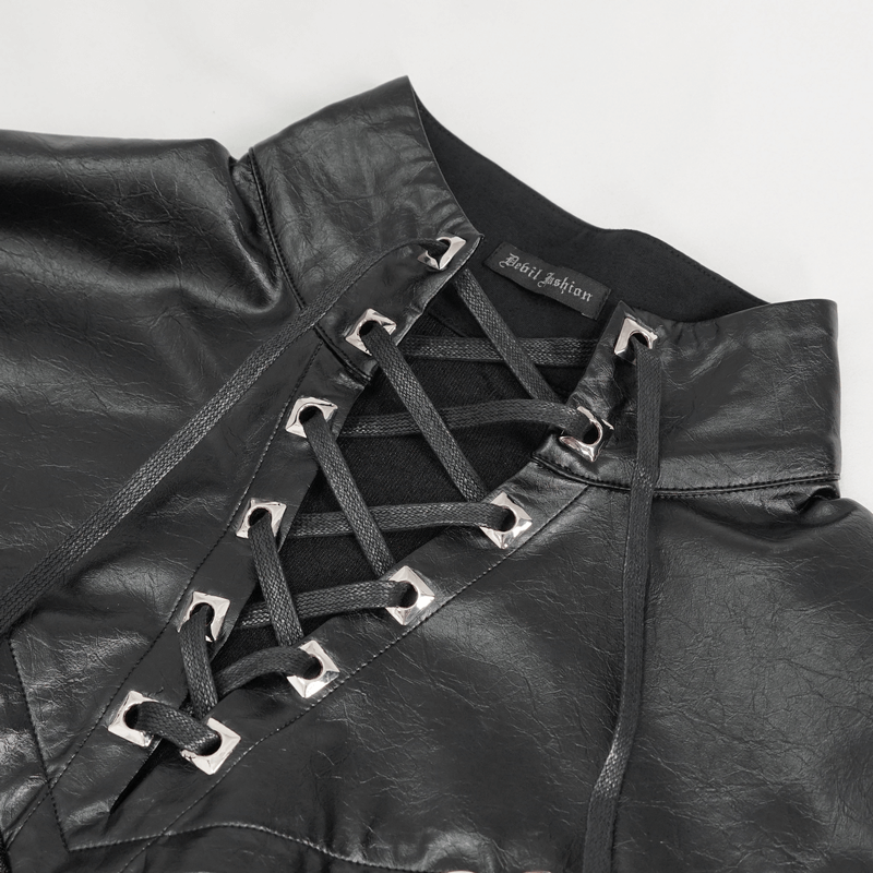 Close-up of gothic black sweatshirt with lace-up design and metal rings detail, showcasing edgy fashion style.