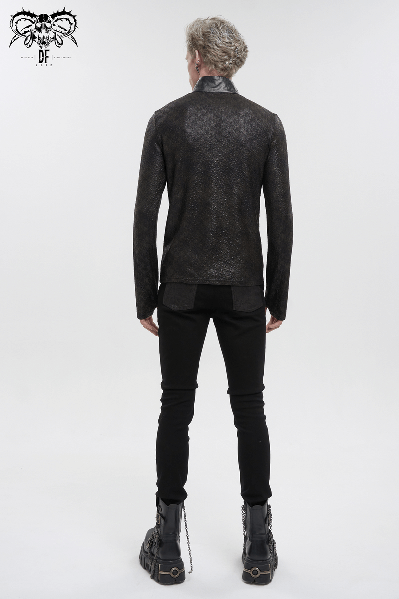 Back view of a Gothic men's black sweatshirt with stand collar and lace-up design. Perfect for an edgy wardrobe!
