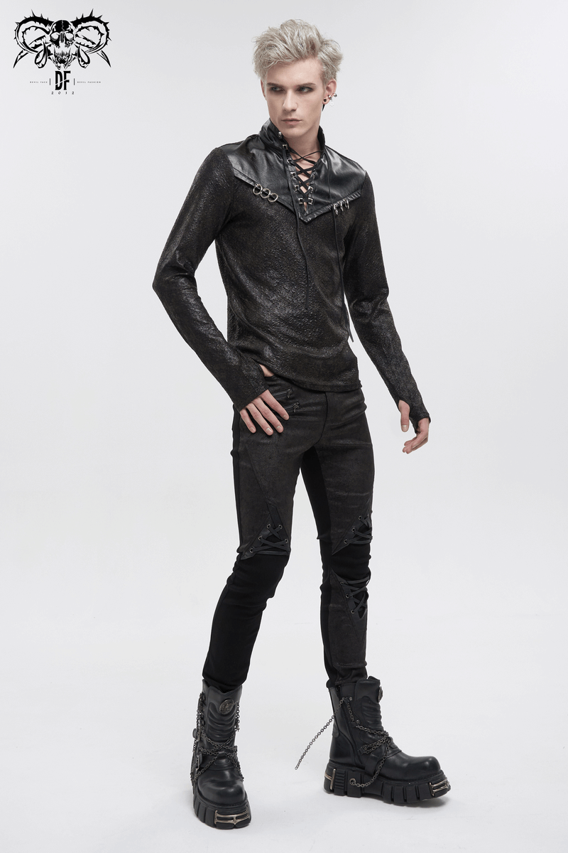 Gothic men's black sweatshirt with stand collar, lace-up front, and edgy metal rings for a stylish look.