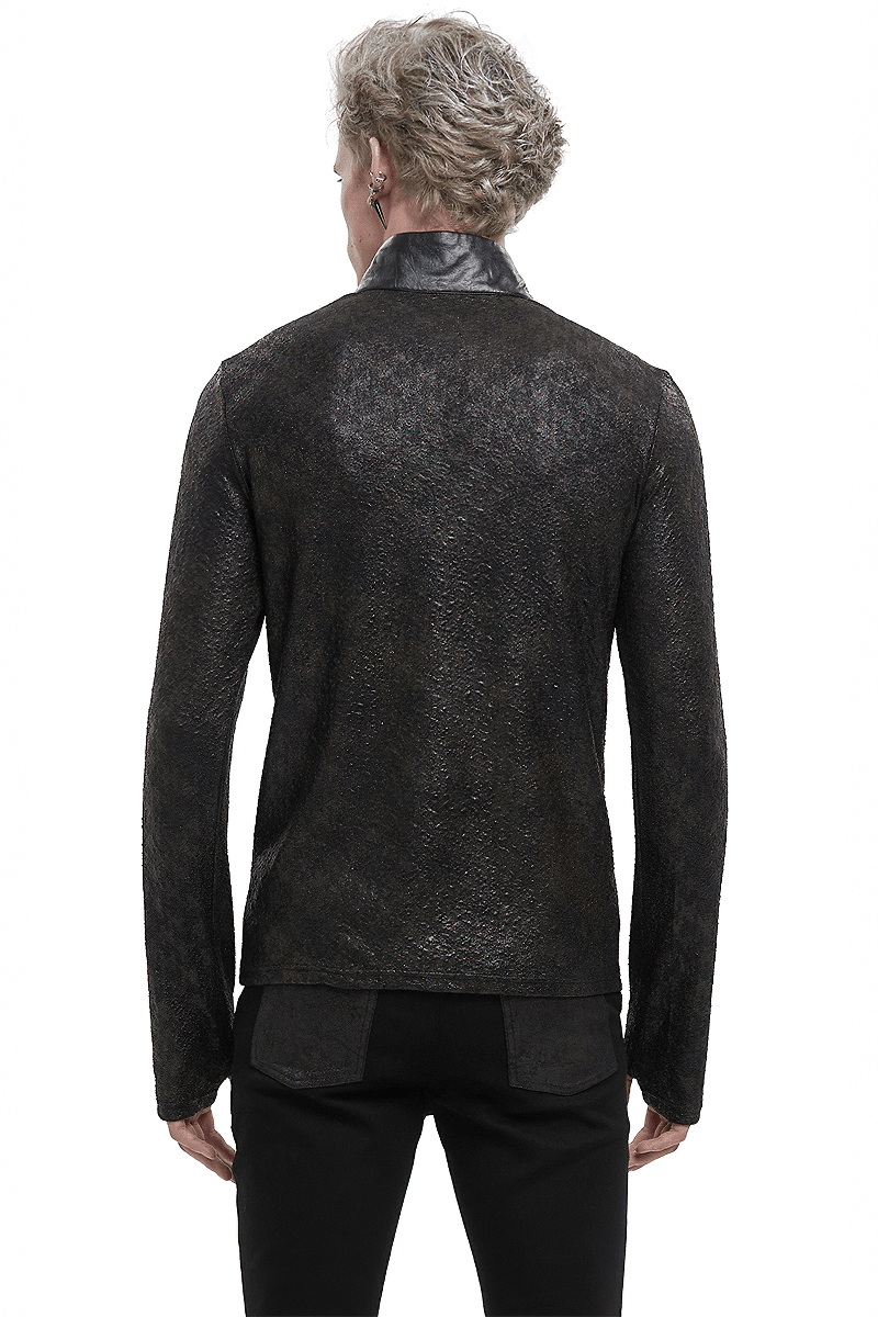 Stylish men's black stand collar sweatshirt with lace-up design and metal rings, viewed from the back.