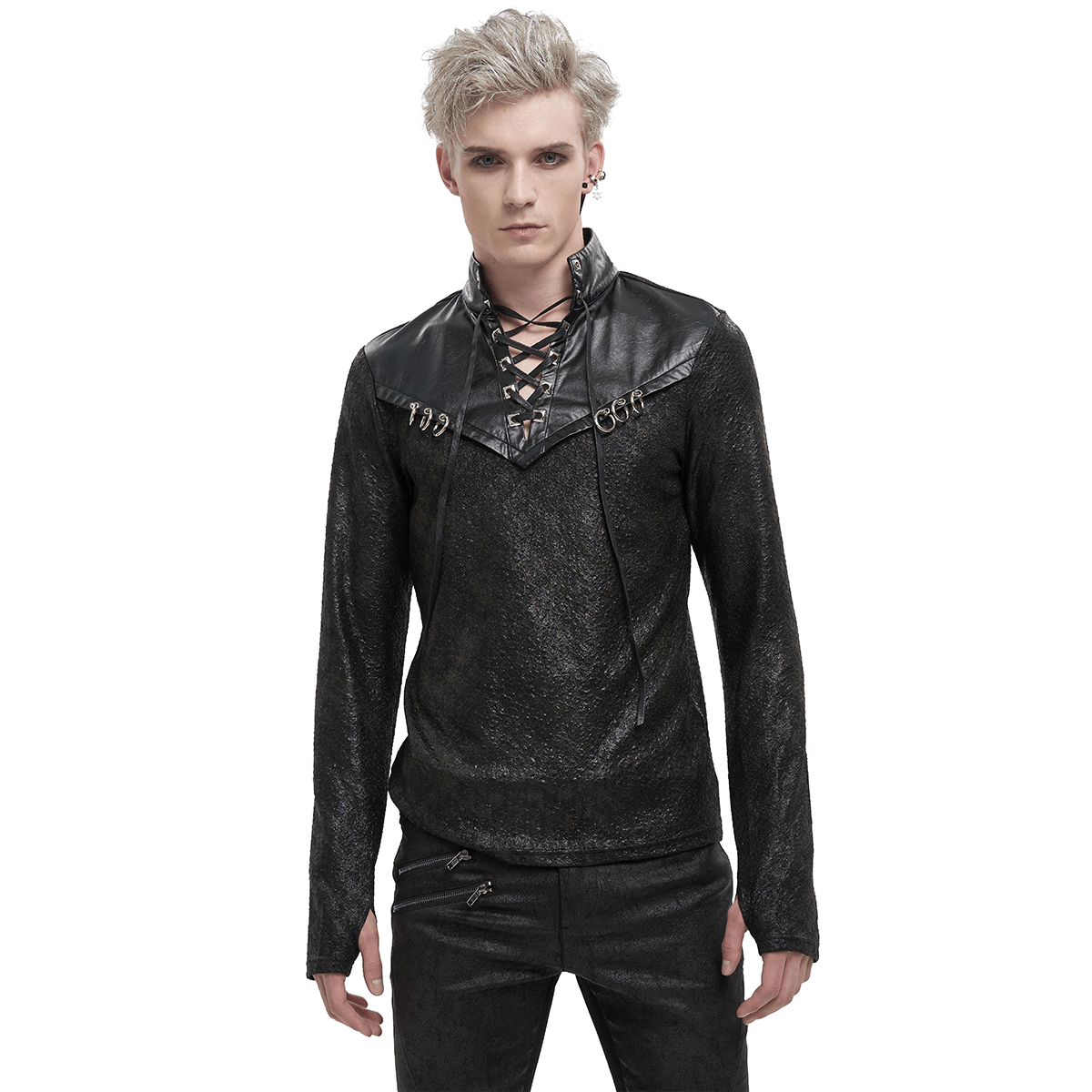Fashion Black Stand Collar Sweatshirt with Lace-Up / Gothic Men's Metal Rings Sweatshirt