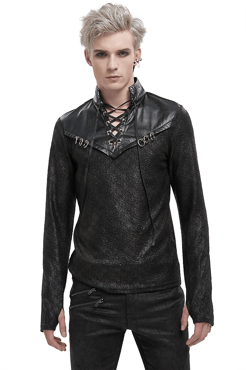 Gothic men's black stand collar sweatshirt with lace-up design and metal rings for an edgy look.
