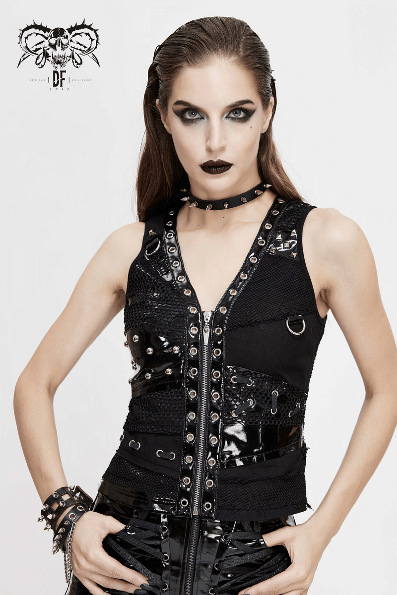 Fashion Black V Neck Waistcoat with Rivets / Women's Punk Style Sleeveless Zipper Waistcoat - HARD'N'HEAVY