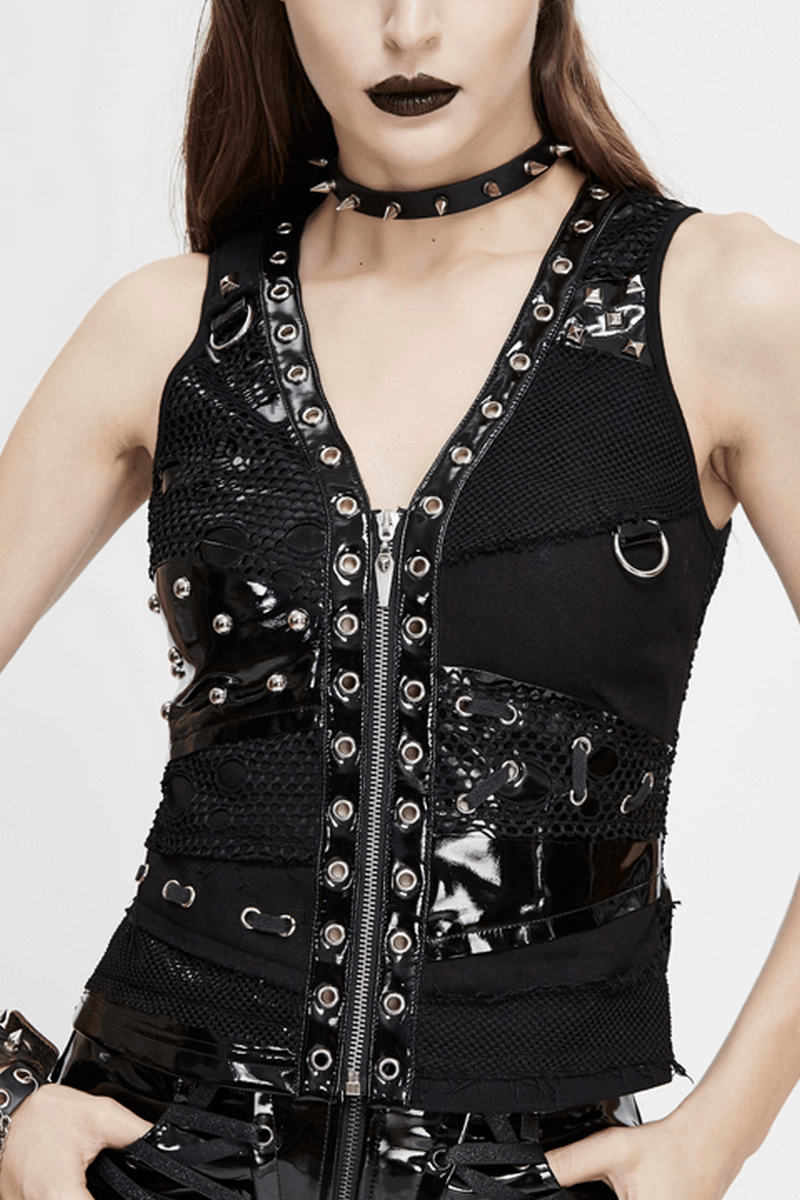Fashion Black V Neck Waistcoat with Rivets / Women's Punk Style Sleeveless Zipper Waistcoat - HARD'N'HEAVY