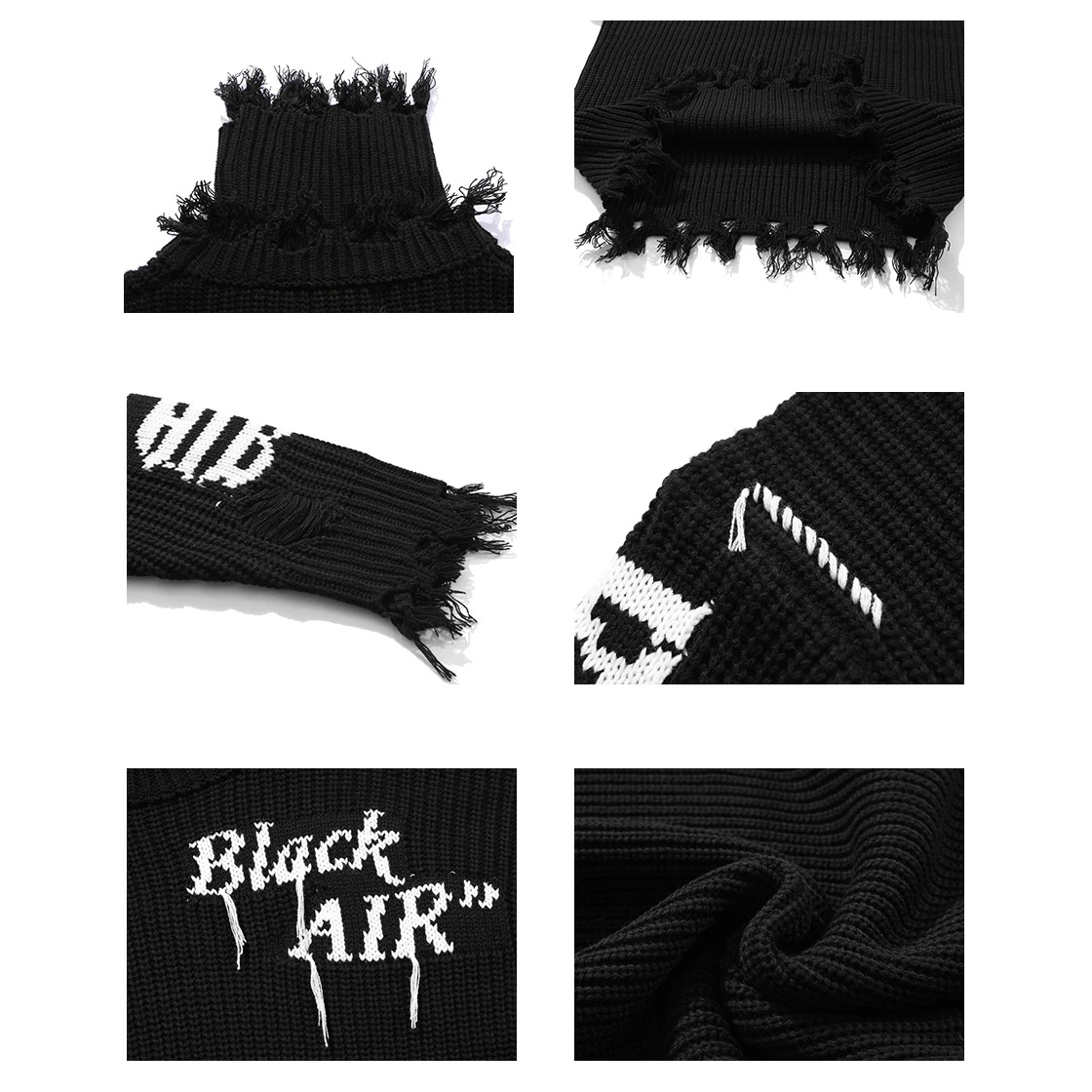 Close-up details of a black women's oversized sweater with fringe turtle neck and unique street-style print.