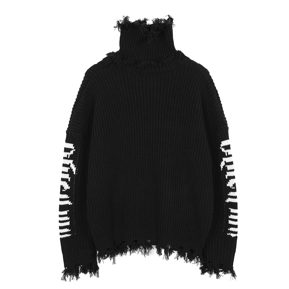 Oversized black women's sweater with turtle neck and fringe detail, perfect for gothic streetwear style.