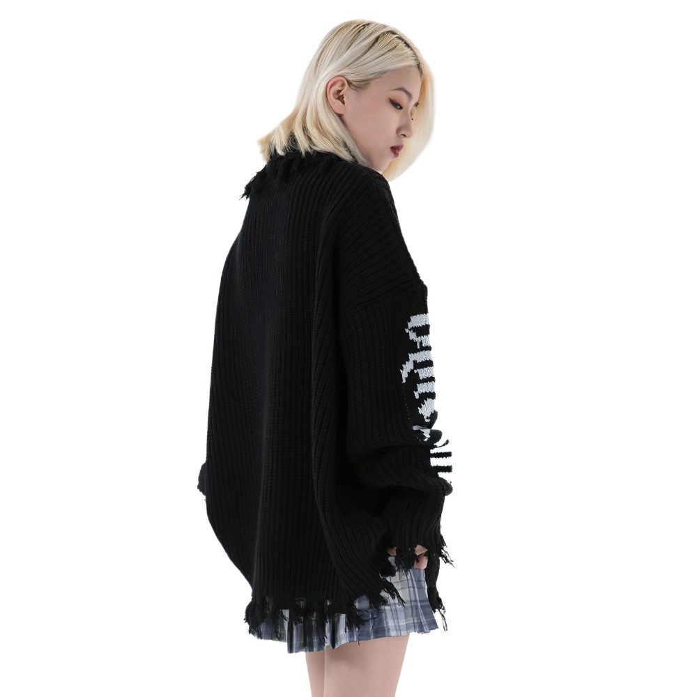 Stylish oversized black women's sweater with turtle neck and unique print, perfect for gothic street style.