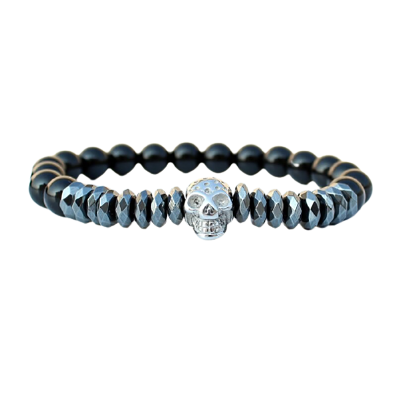 Gothic unisex bracelet with matte stone beads and silver skull charm for stylish accessory lovers.