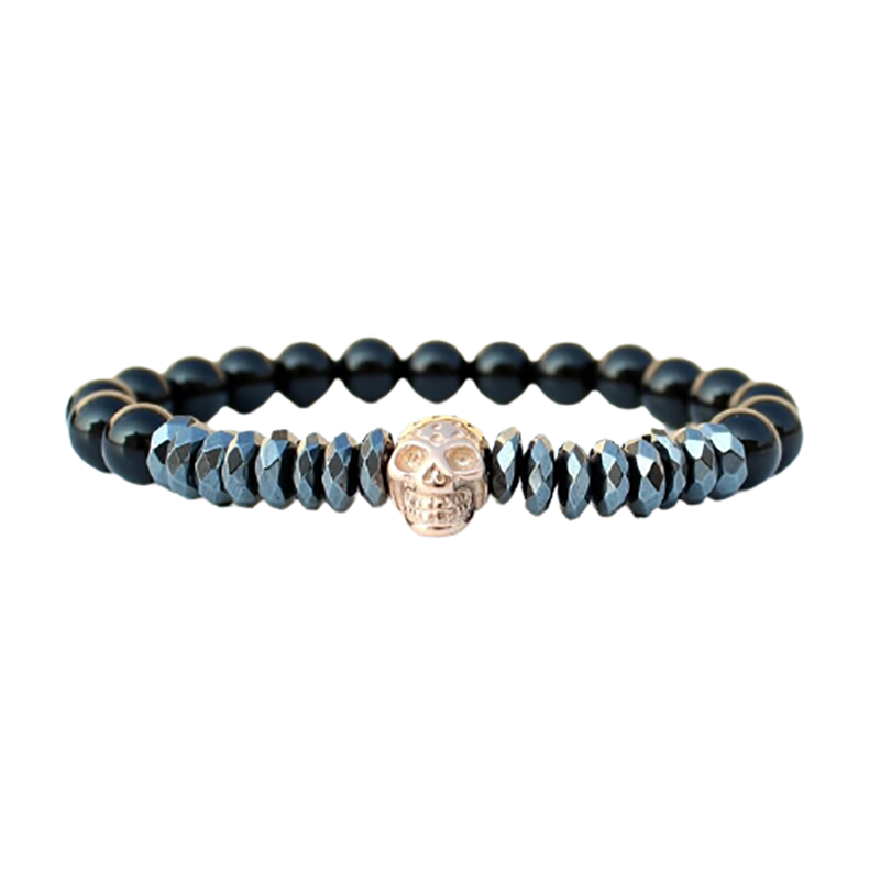 Fashion bracelet with matte stone beads, featuring a skull charm and gothic design, perfect for unisex style.