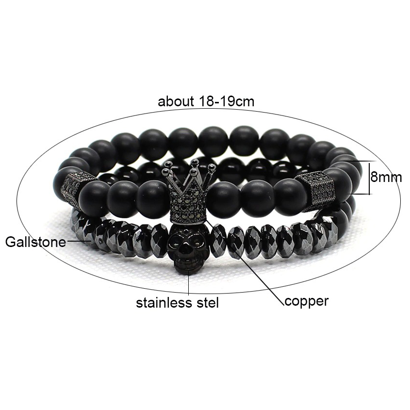 Fashion bracelet set featuring matte stone beads with crown and skull charms, perfect for unisex gothic jewelry.