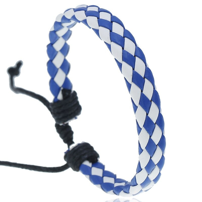 Braided leather bracelet in blue and white, a stylish punk accessory for unisex fashion enthusiasts.
