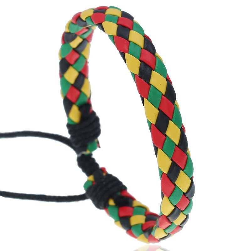 Colorful braided leather bracelet in punk style, featuring red, yellow, and green hues, perfect unisex accessory.