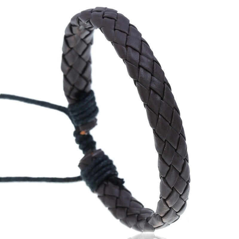 Handmade punk style braided leather bracelet in dark brown, perfect for unisex fashion enthusiasts.