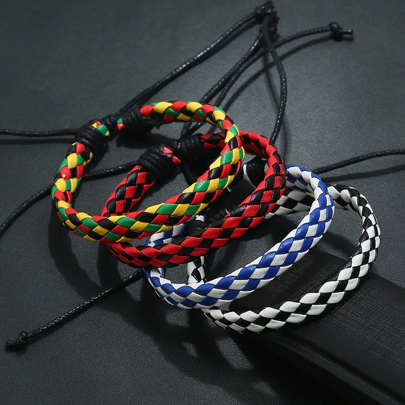 Fashion braided leather bracelets in punk style, available in multiple colors for unisex styles.
