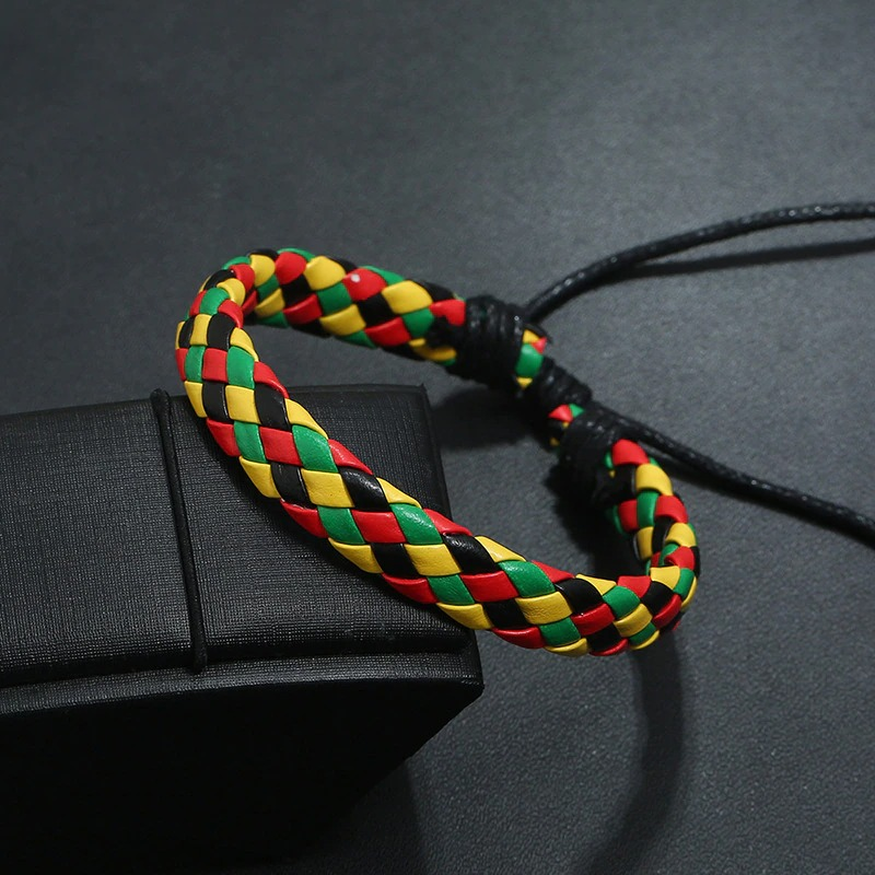 Fashion braided leather bracelet in red, yellow, and green colors, perfect for punk style outfits.