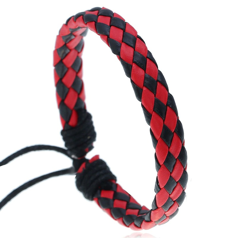 Stylish handmade braided leather bracelet in red and black, perfect for punk fashion lovers.
