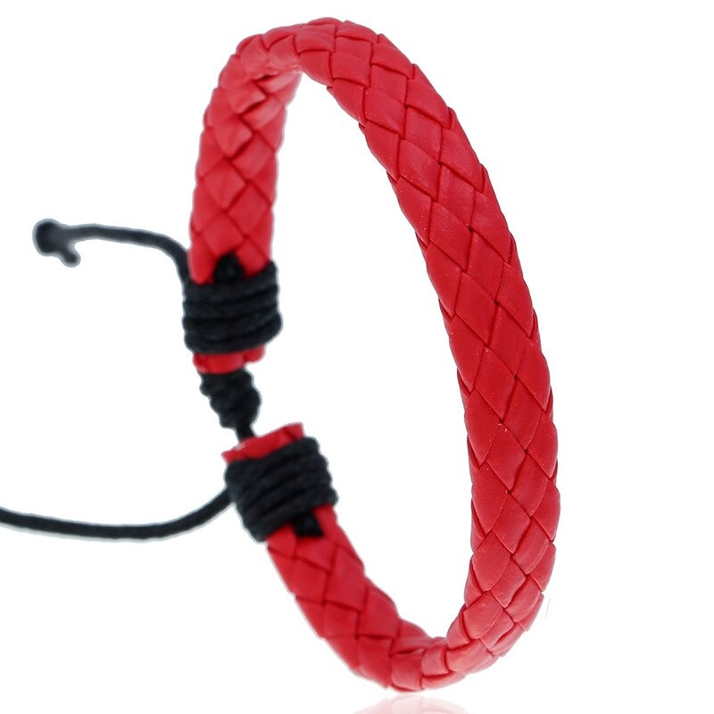 Red braided leather bracelet in punk style, handmade unisex accessory for a stylish look.