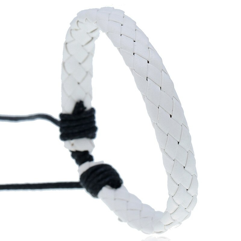Handmade unisex punk style braided leather bracelet in white, featuring black accents for stylish appeal.