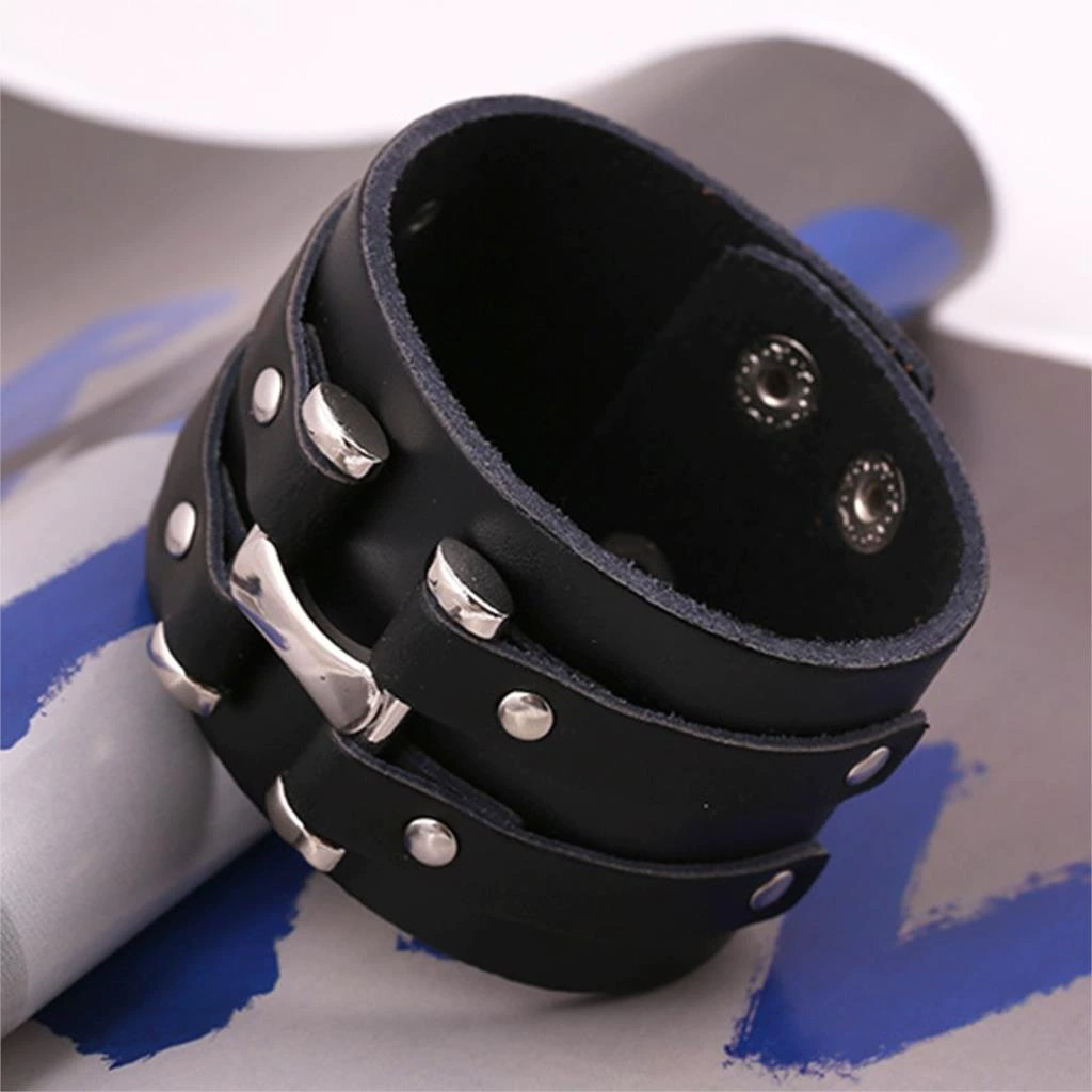 Fashion braided wrap leather bracelet in black with silver fittings, perfect for punk rock style.