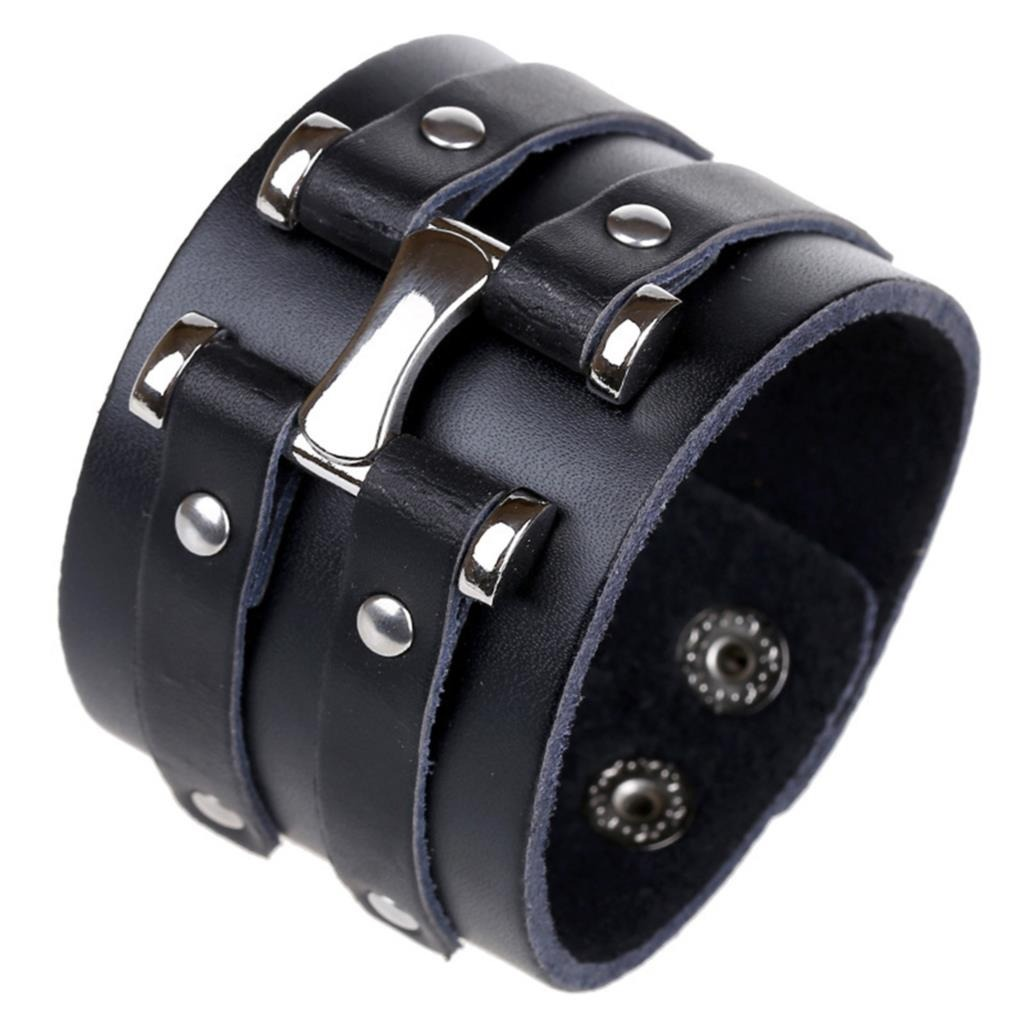 Fashion braided wrap leather bracelet with silver fittings for punk rock style.