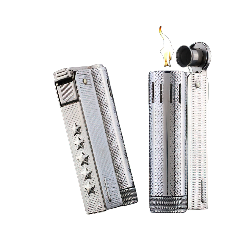 Trendy brass petrol lighter with a reflective finish and flame, perfect accessory for men and women.