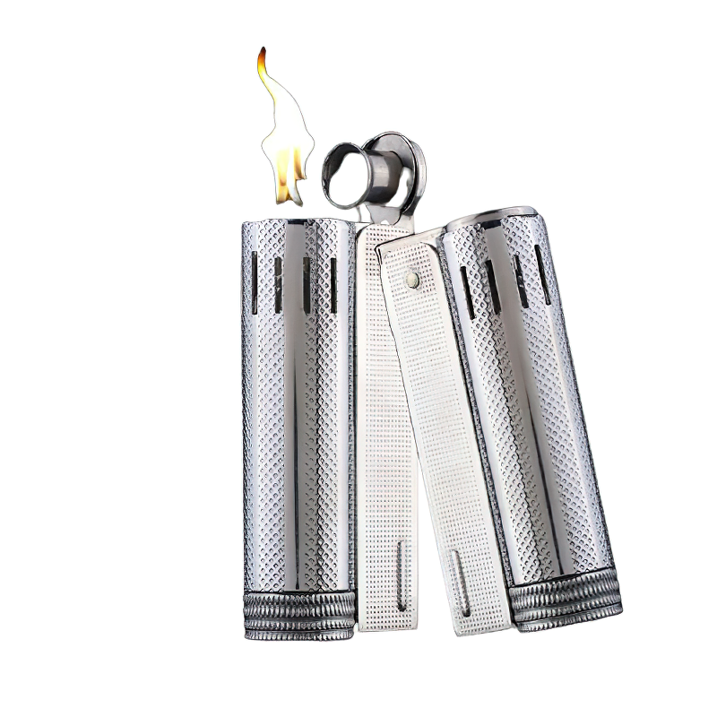 Fashion brass petrol lighter with a stylish mirror finish, perfect accessory for men and women. Fire flame visible.
