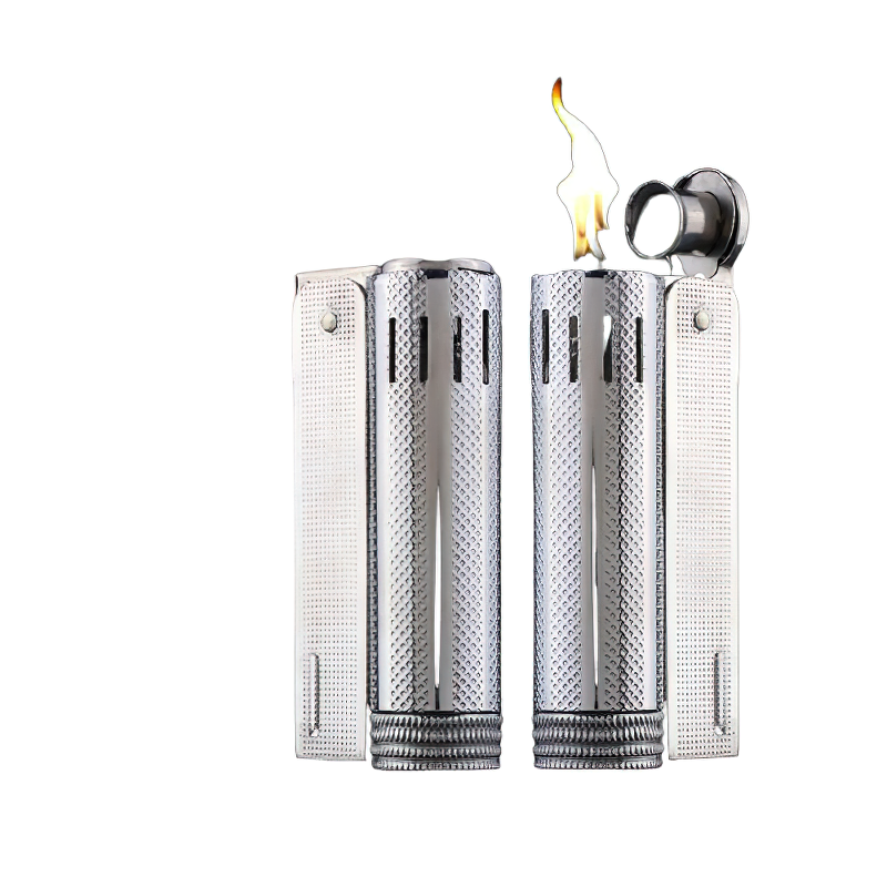 Stylish brass petrol lighter with a mirror finish and flame, perfect for men and women as a trendy accessory.