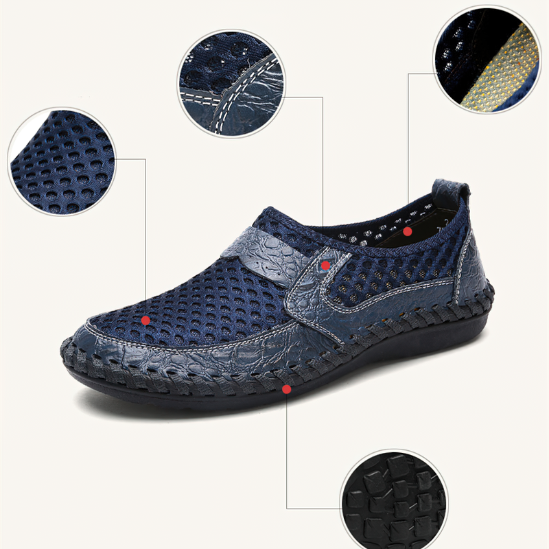 Men's breathable Italy loafers, navy mesh casual shoes with unique patterns for summer wear and all-day comfort.