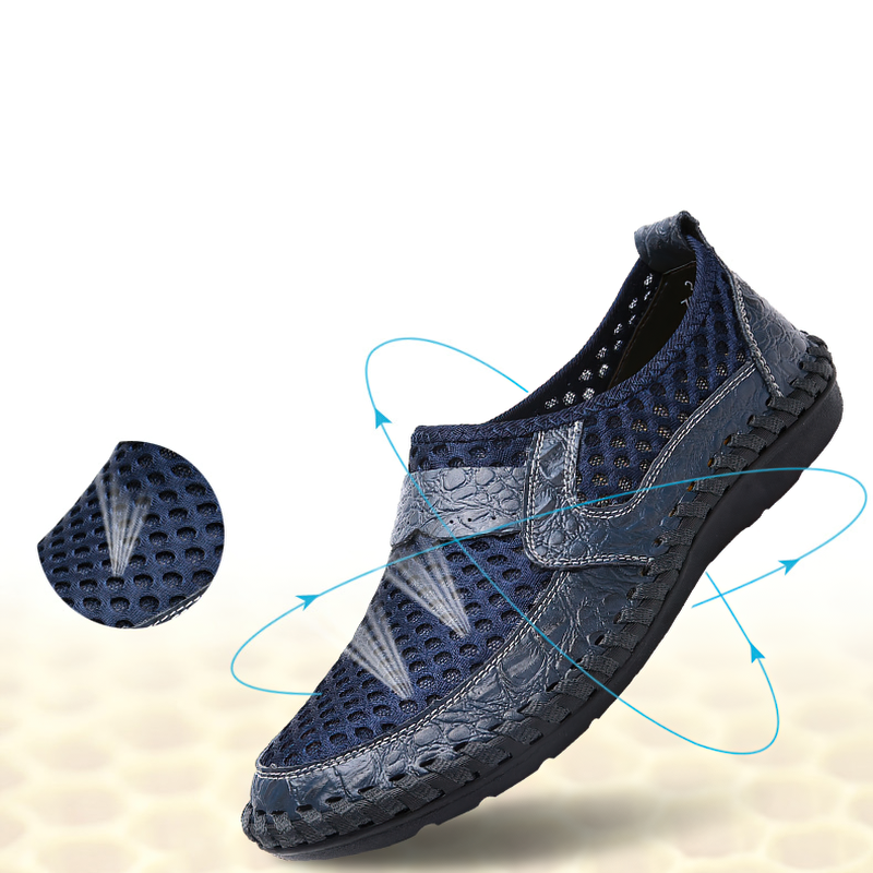 Breathable navy loafers for men, ideal summer casual shoes with mesh design for all-day comfort.