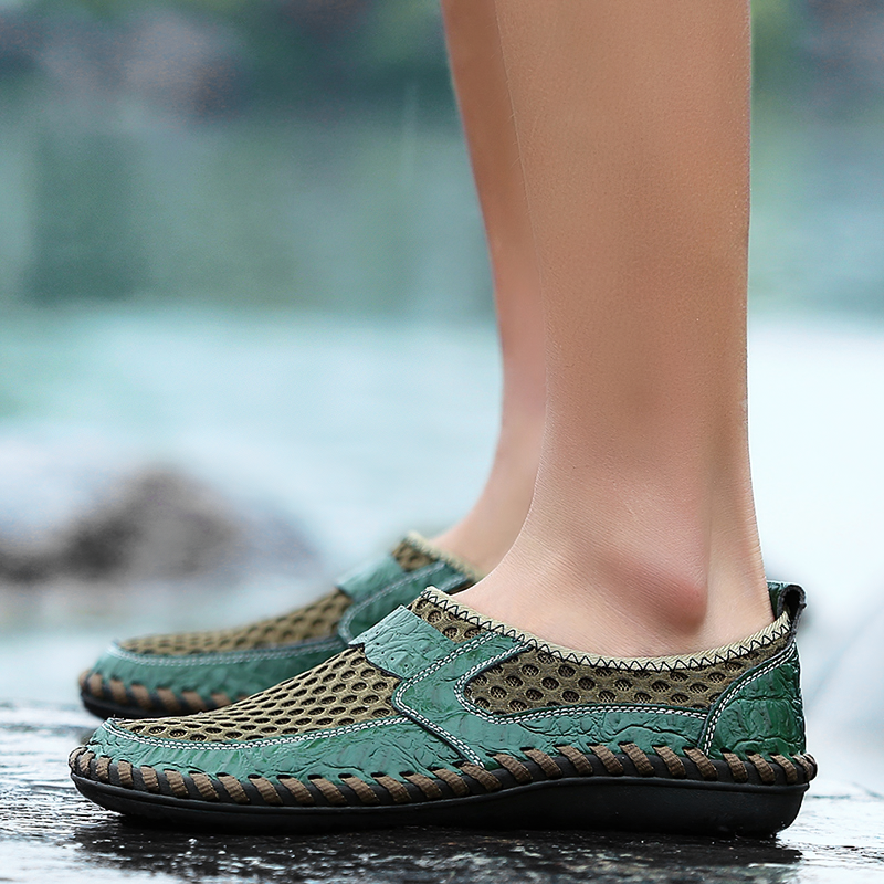 Stylish green breathable Italy loafers for men, perfect summer casual footwear with mesh design.
