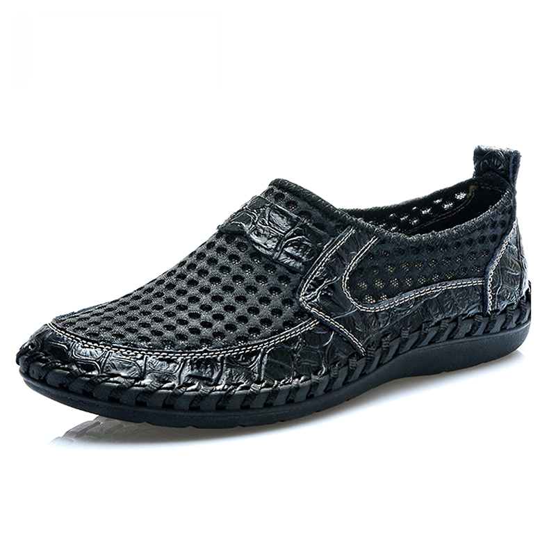 Fashionable breathable Italy loafers for men in black, perfect summer casual footwear with stylish mesh design.