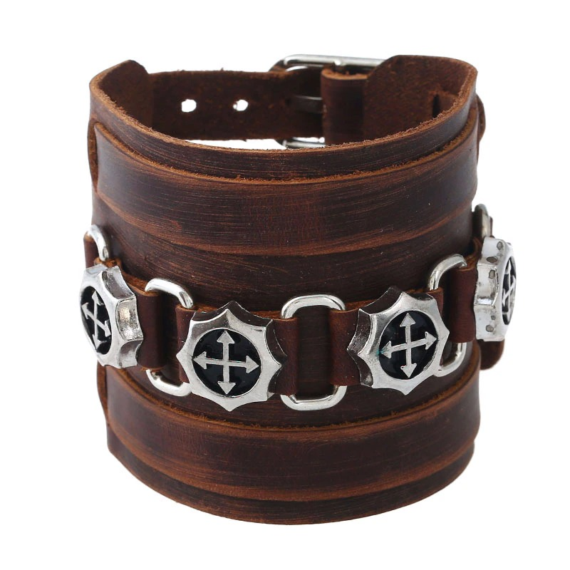 Brown wide genuine leather bracelet with silver pendants for a vintage punk style.