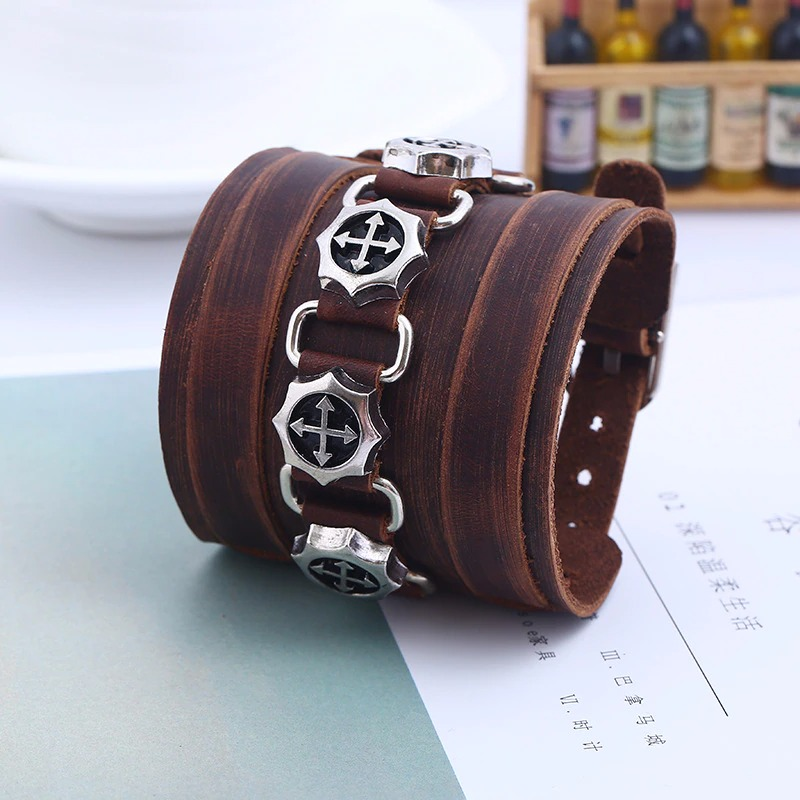Fashion brown wide genuine leather bracelet with silver pendants, perfect vintage punk wristband for men and women.
