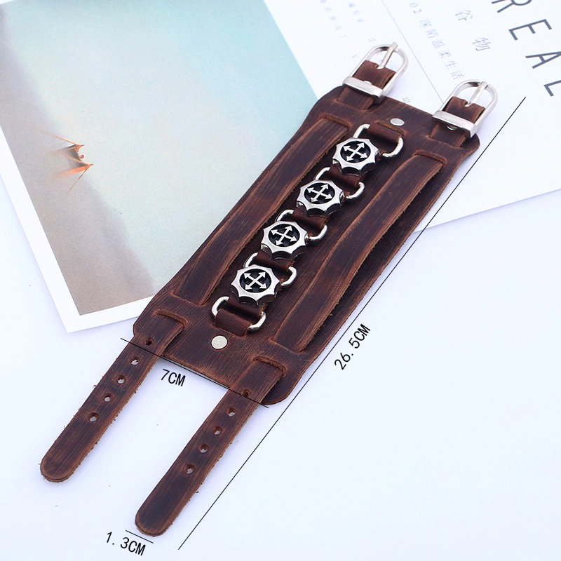 Fashion brown wide genuine leather bracelet with silver pendants for punk style, suitable for men and women.