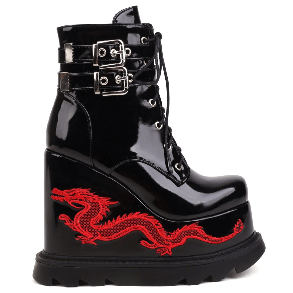 Gothic women's high heel boots featuring dragon embroidery and stylish buckle accents, perfect for edgy fashion lovers.
