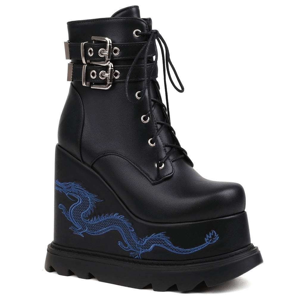 Gothic women's high heel ankle boots with dragon embroidery and stylish buckles.
