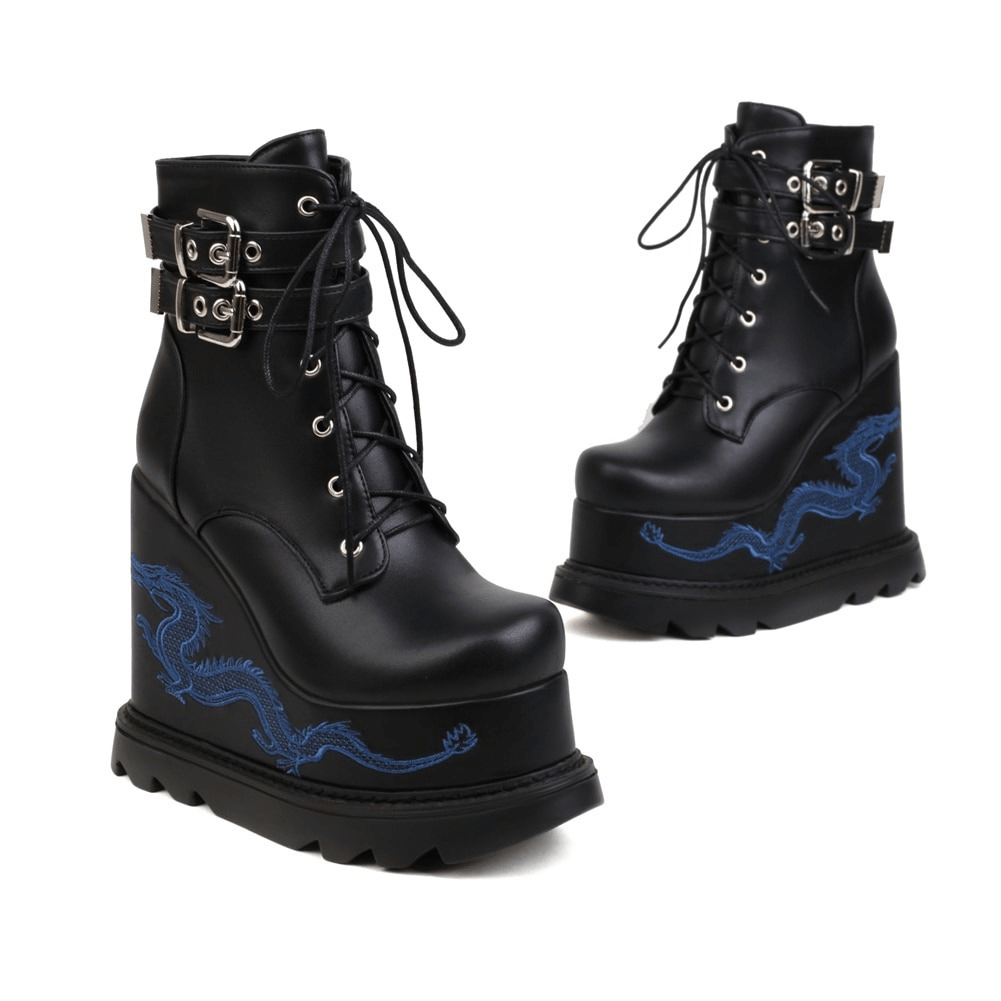 Stylish women's high heel gothic ankle boots with dragon embroidery, featuring trendy buckles and wedge design.