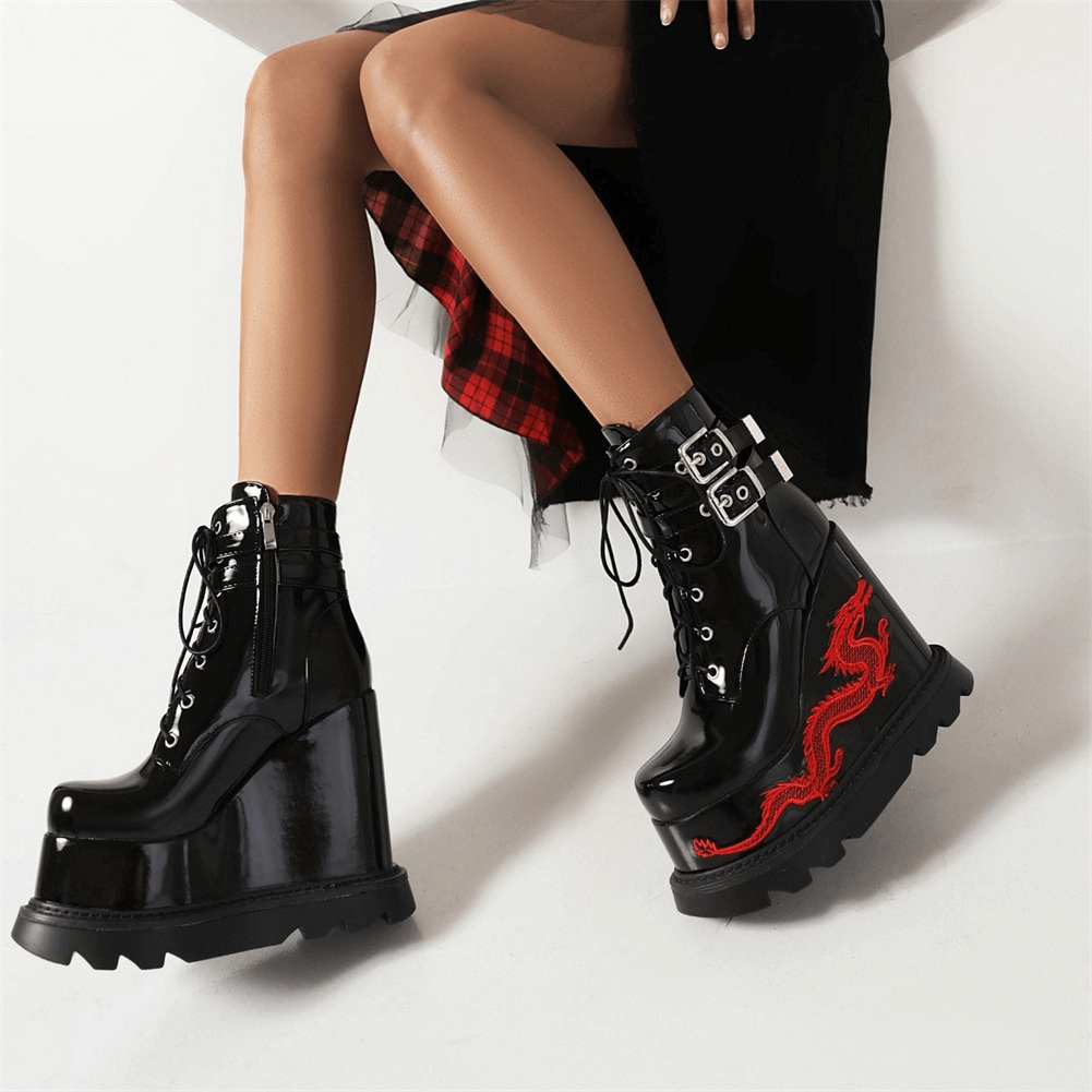 Trendy women's gothic ankle boots with dragon embroidery and stylish high heels.