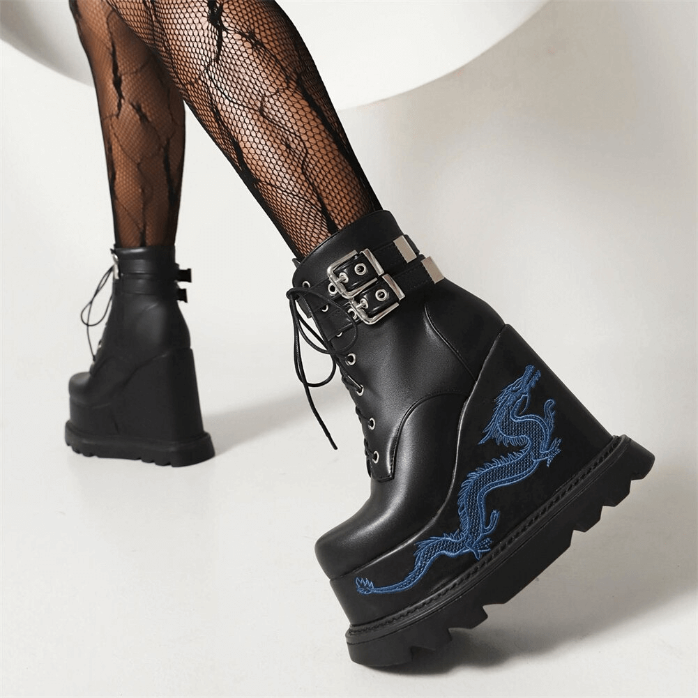 Stylish women's gothic high heel boots with dragon embroidery and trendy buckle detail.