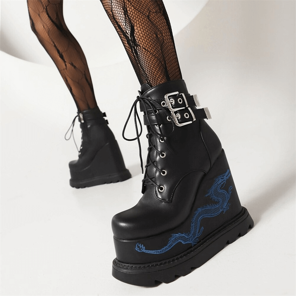 Stylish women's gothic high heel boots with dragon embroidery and buckle details, perfect for a trendy look.