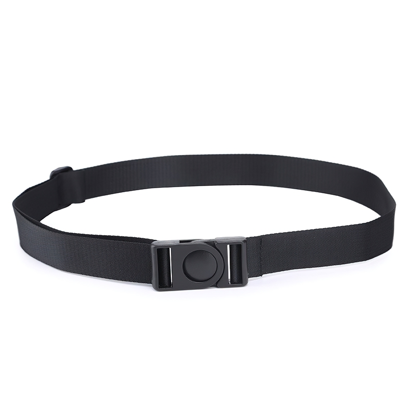 Black adjustable belt with a durable buckle, perfect for holding bags securely and stylishly for both men and women.