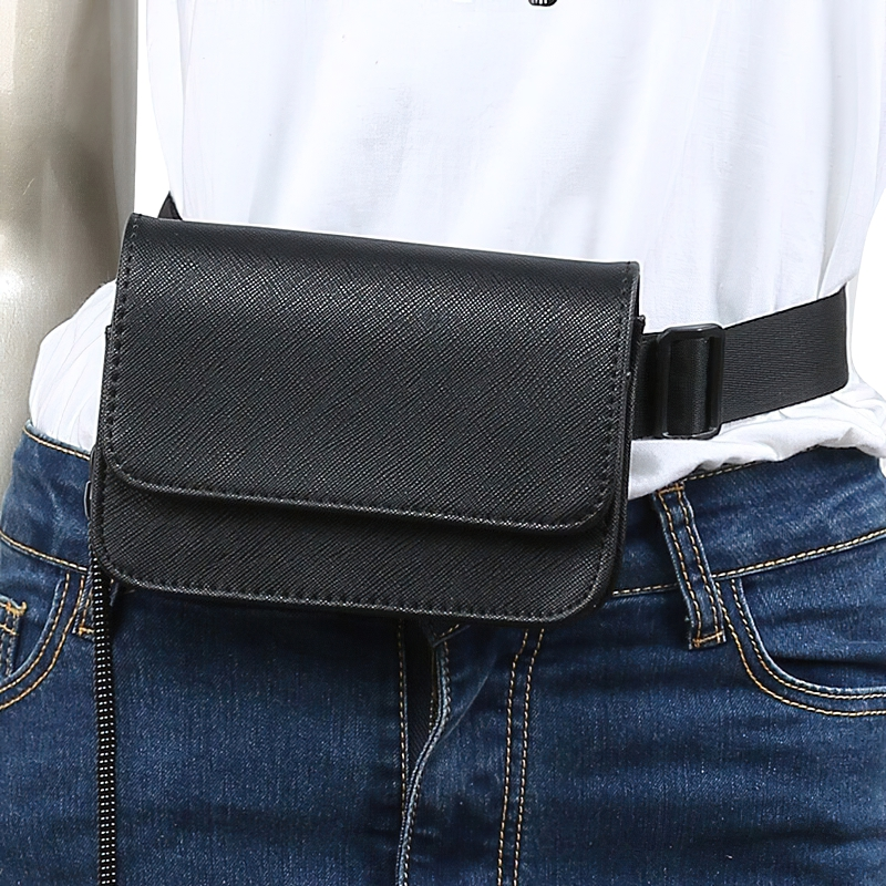 Unisex black PU leather waist bag, a stylish casual accessory for men and women, perfect for everyday use.