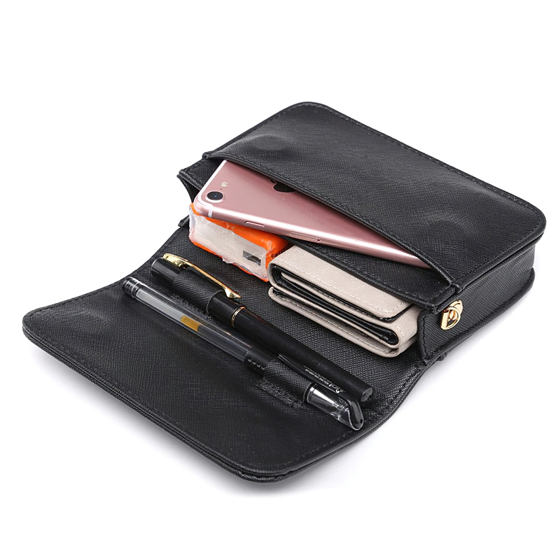 Stylish black PU leather waist bag open, showcasing phone, wallet, and pens for men and women.