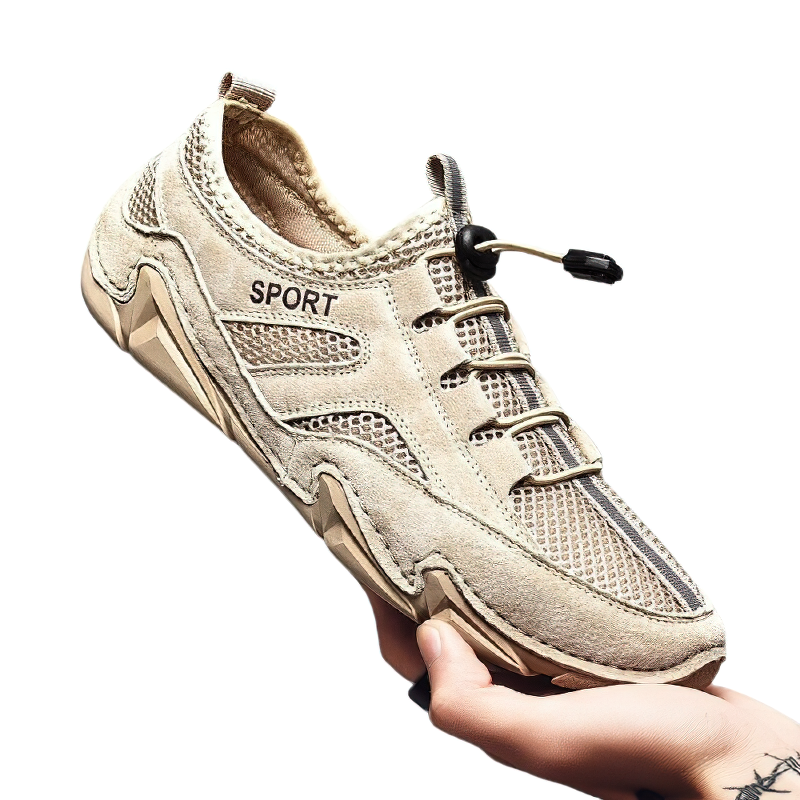Men's breathable casual sneakers in beige with mesh inserts and sport detailing for comfort and style.